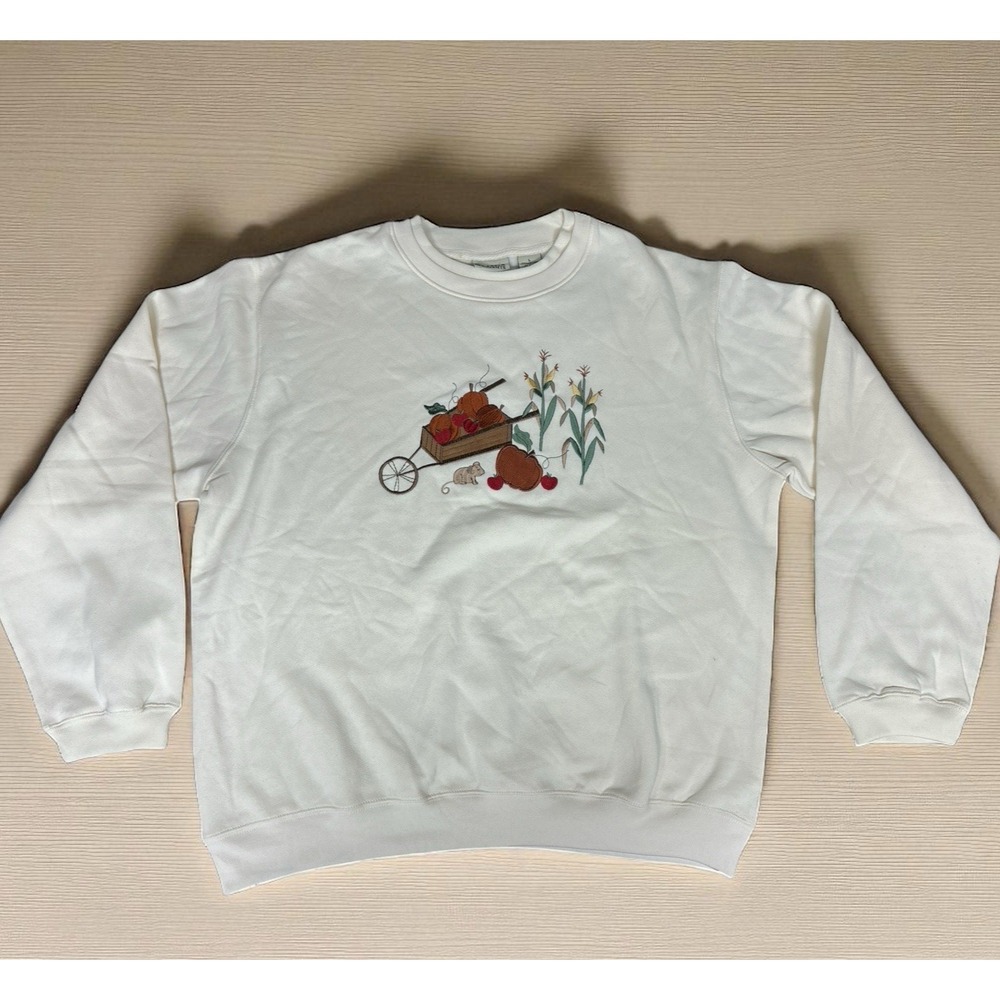 Womens Classic Elements Fall Scene Embroidered Applique Cream Sweatshirt Size L